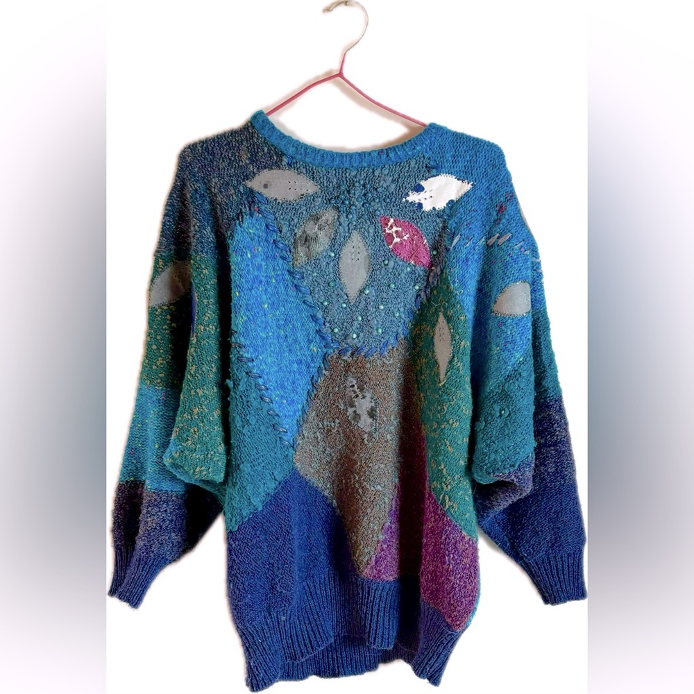 Vintage Escala Patchwork Leaf Motif Beaded Knit Drop Sleeve Sweater